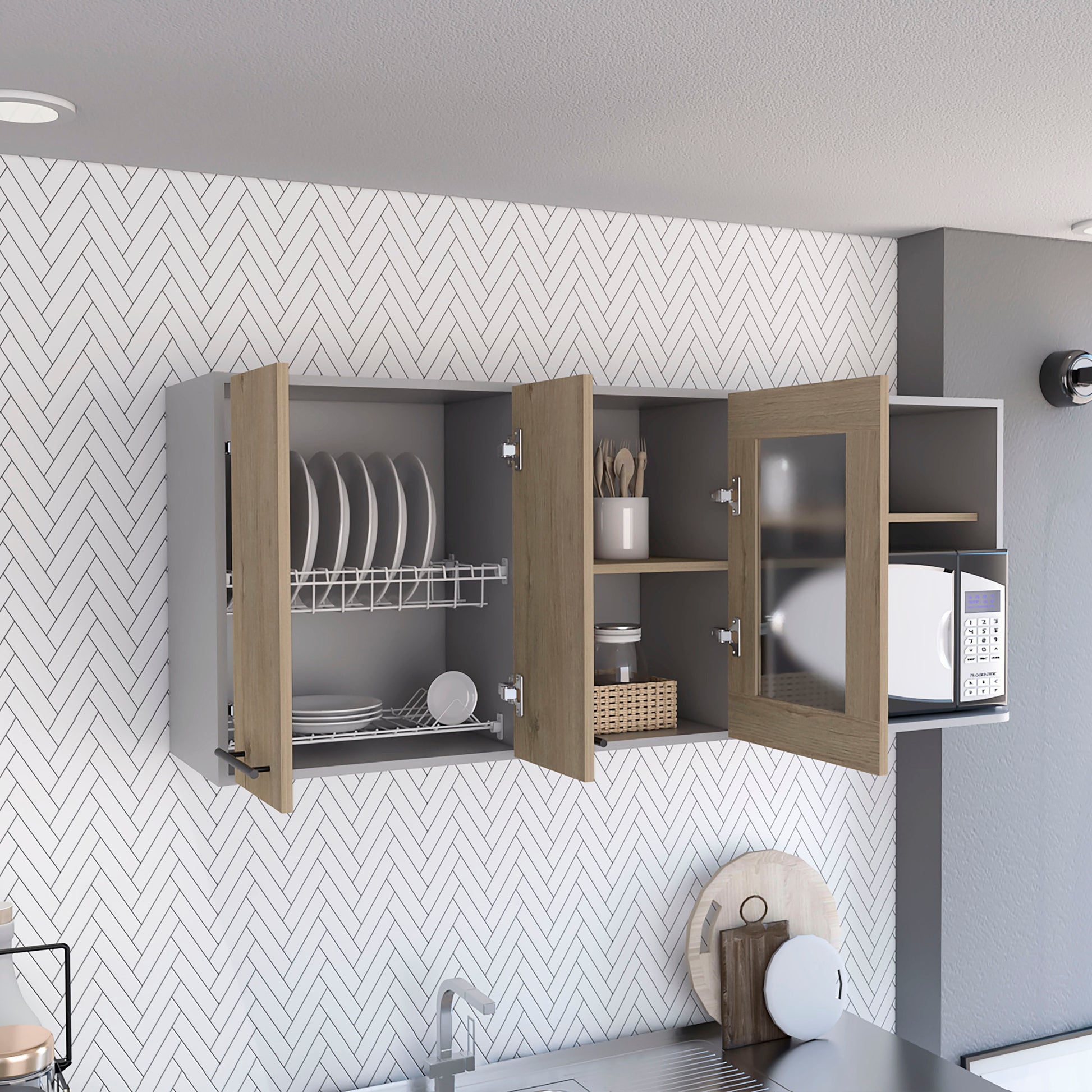 White kitchen cabinet with integrated dish drying rack for plates