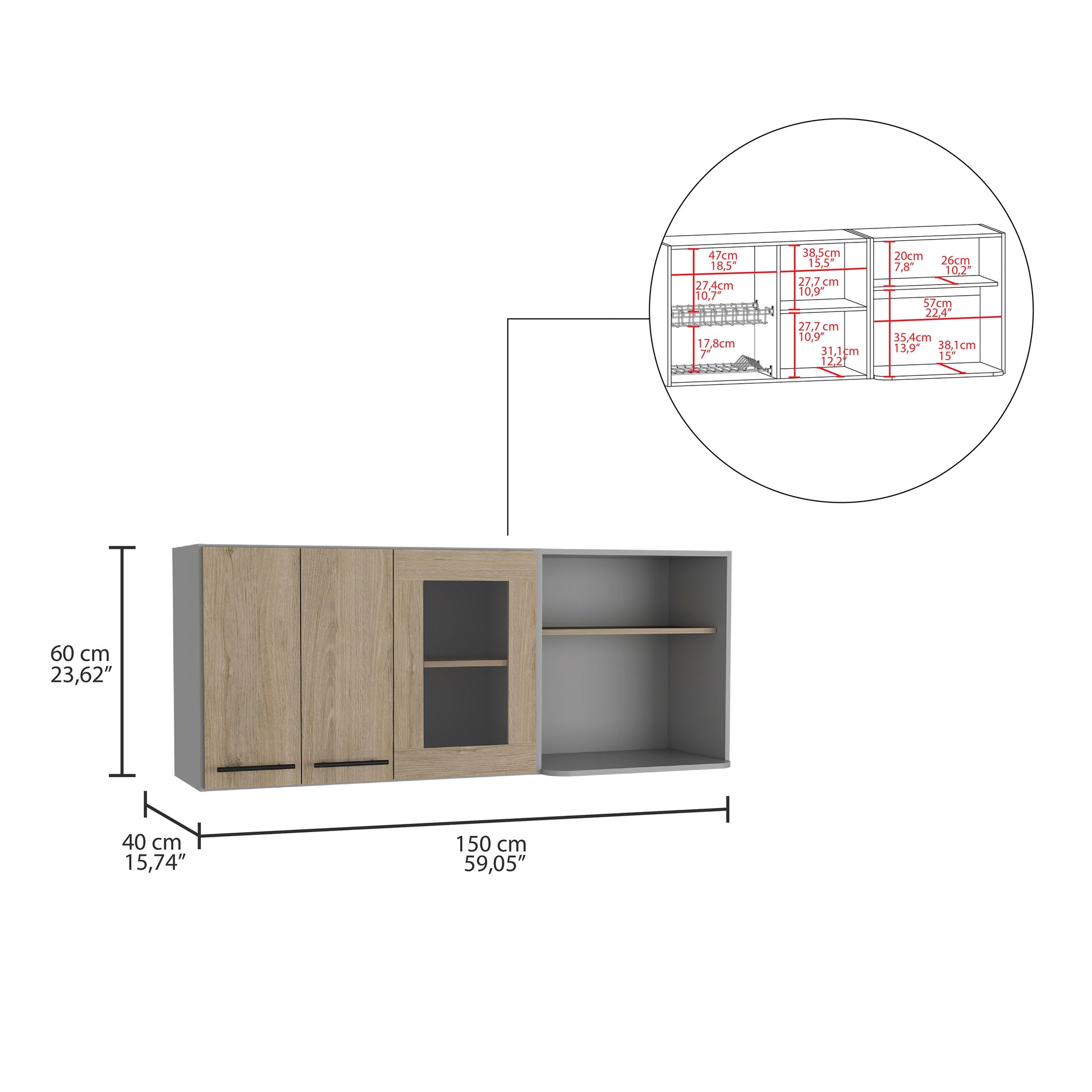 Light oak and grey wall cabinet with glass door and open shelving
