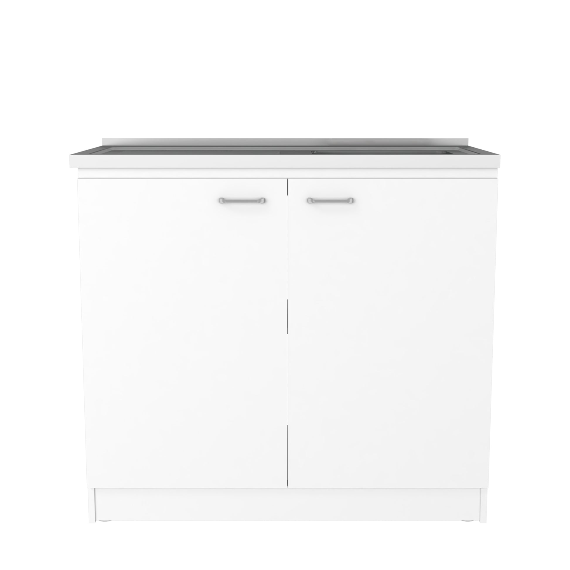 White modern bathroom vanity with double doors and chrome handles
