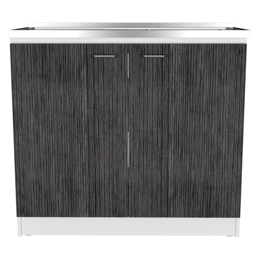Modern dark wood bathroom vanity with brushed nickel hardware and stainless steel countertop