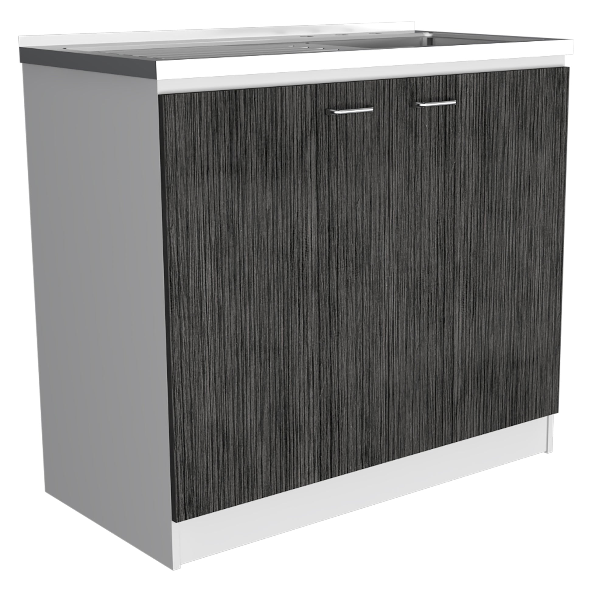 Modern bathroom vanity with dark wood grain doors and silver handles