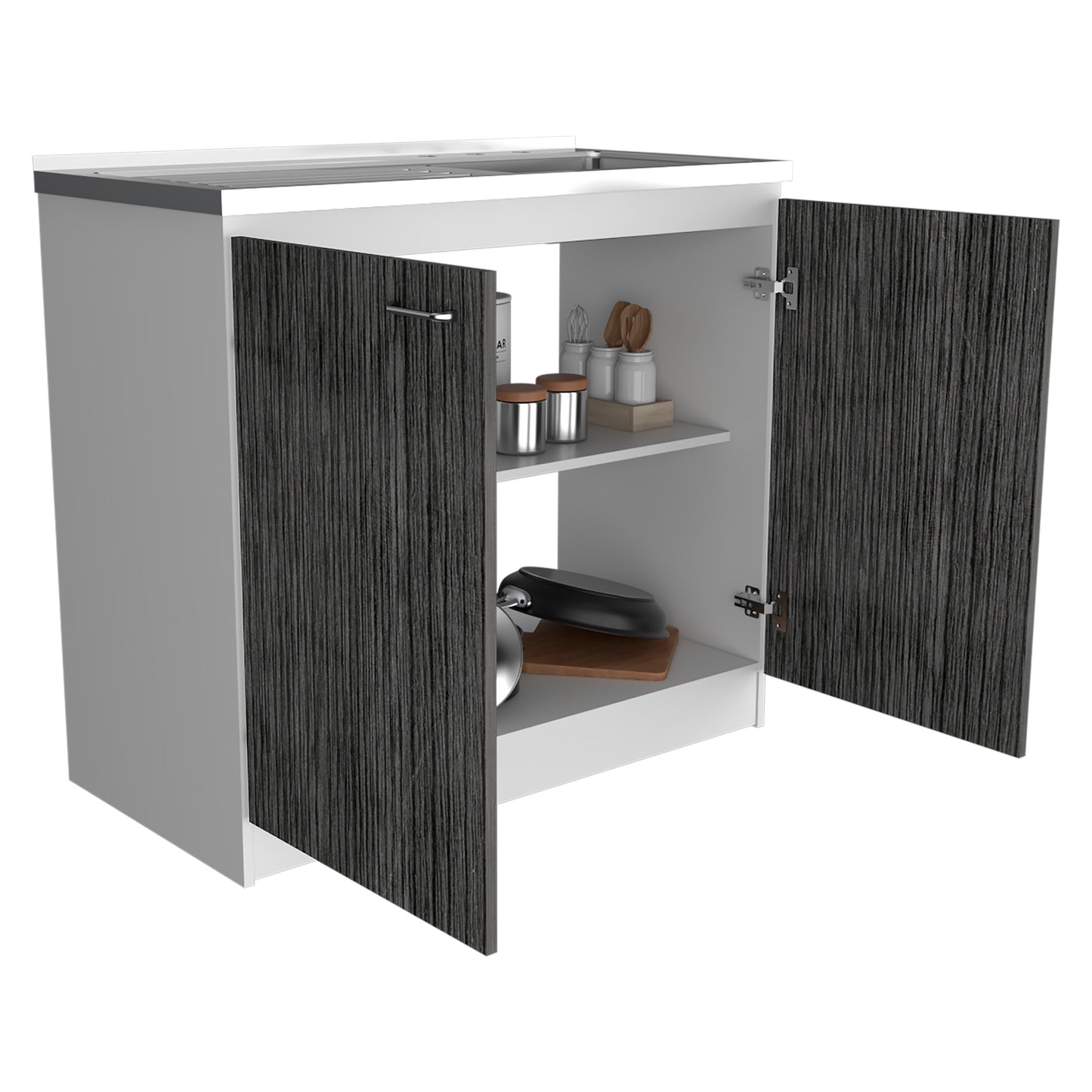 White base cabinet with dark wood grain doors featuring open shelves and cookware inside