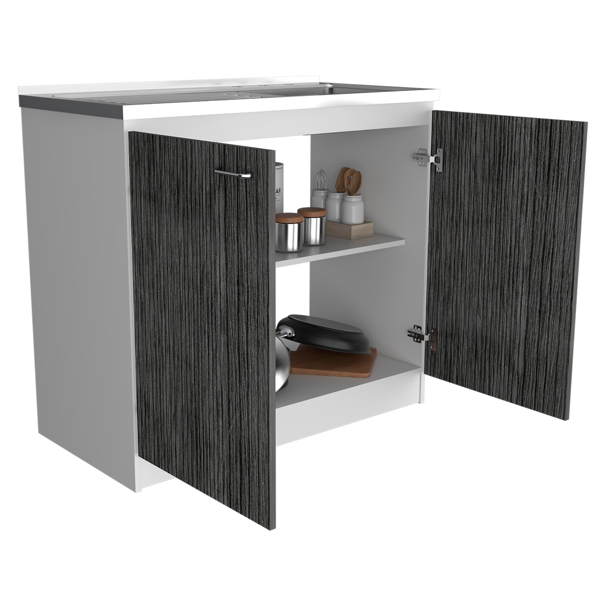White base cabinet with dark wood grain doors featuring open shelves and cookware inside