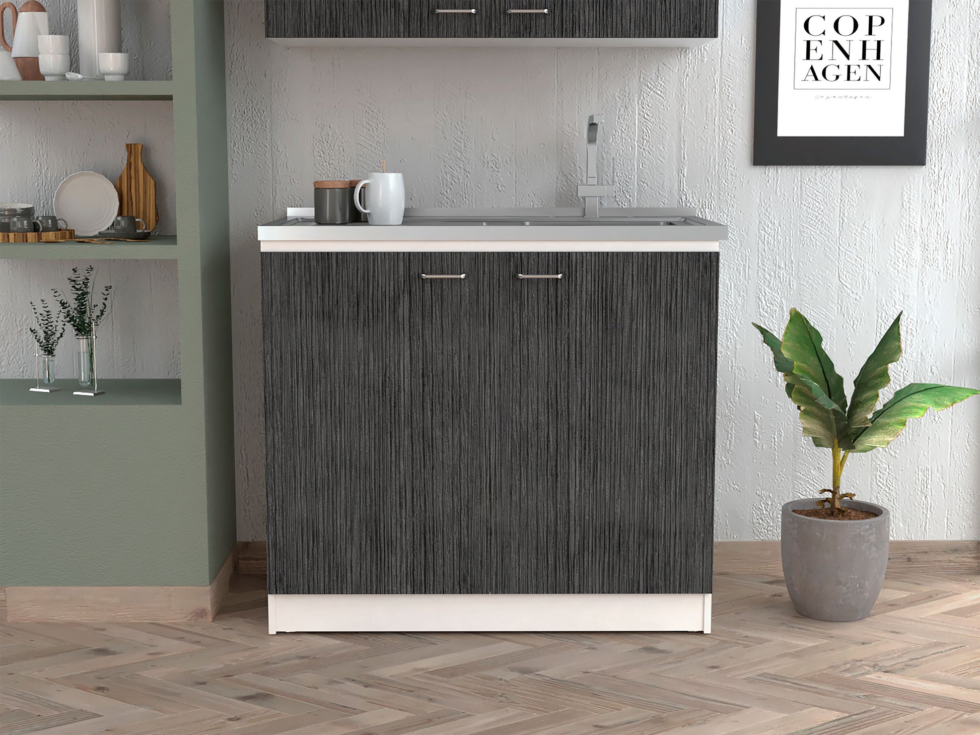 Modern dark grey kitchen cabinet with textured wood grain finish and silver handle