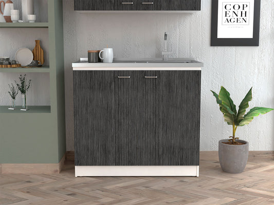 Modern dark grey kitchen cabinet with textured wood grain finish and silver handle