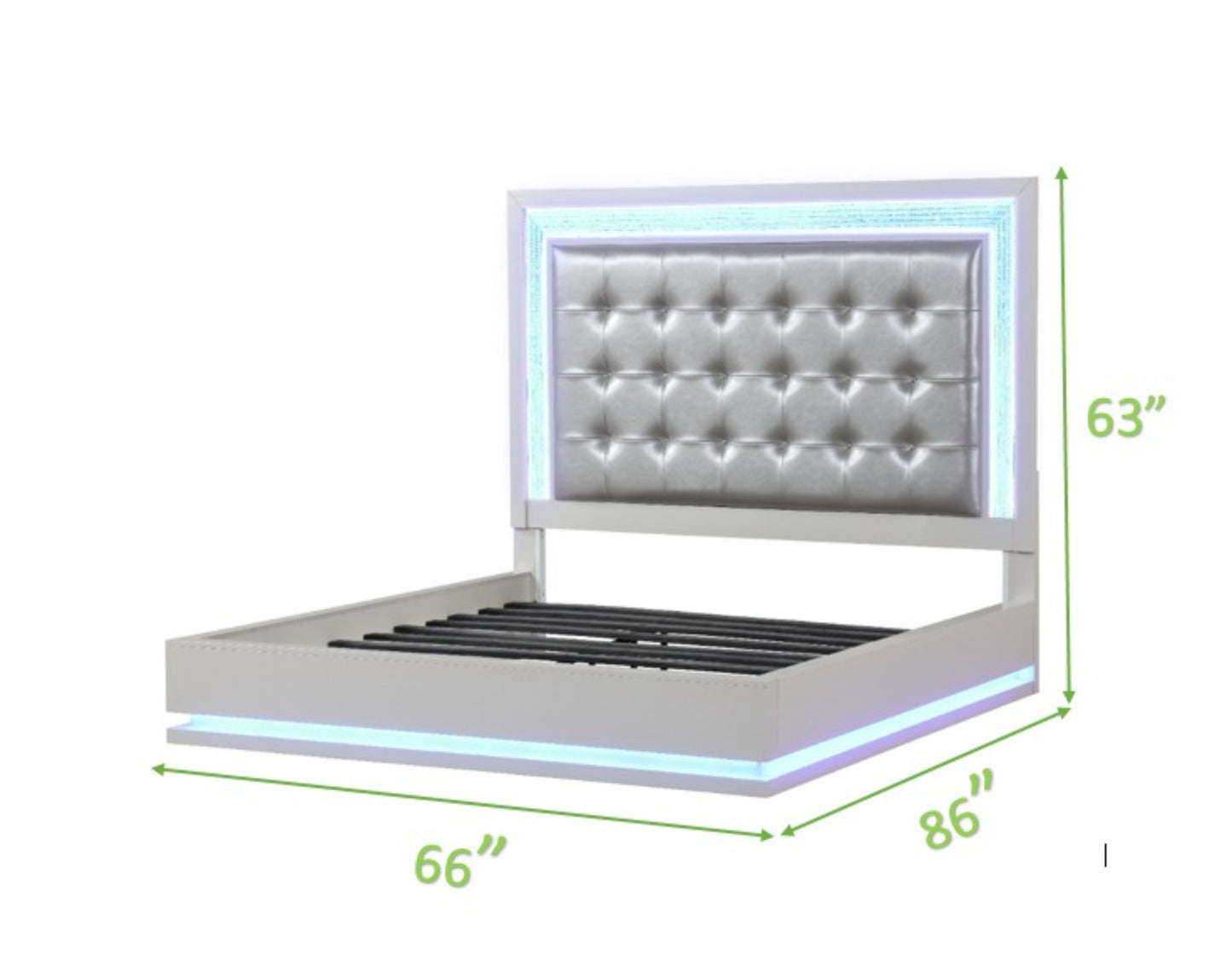 White upholstered platform bed frame with diamond tufting and LED lights