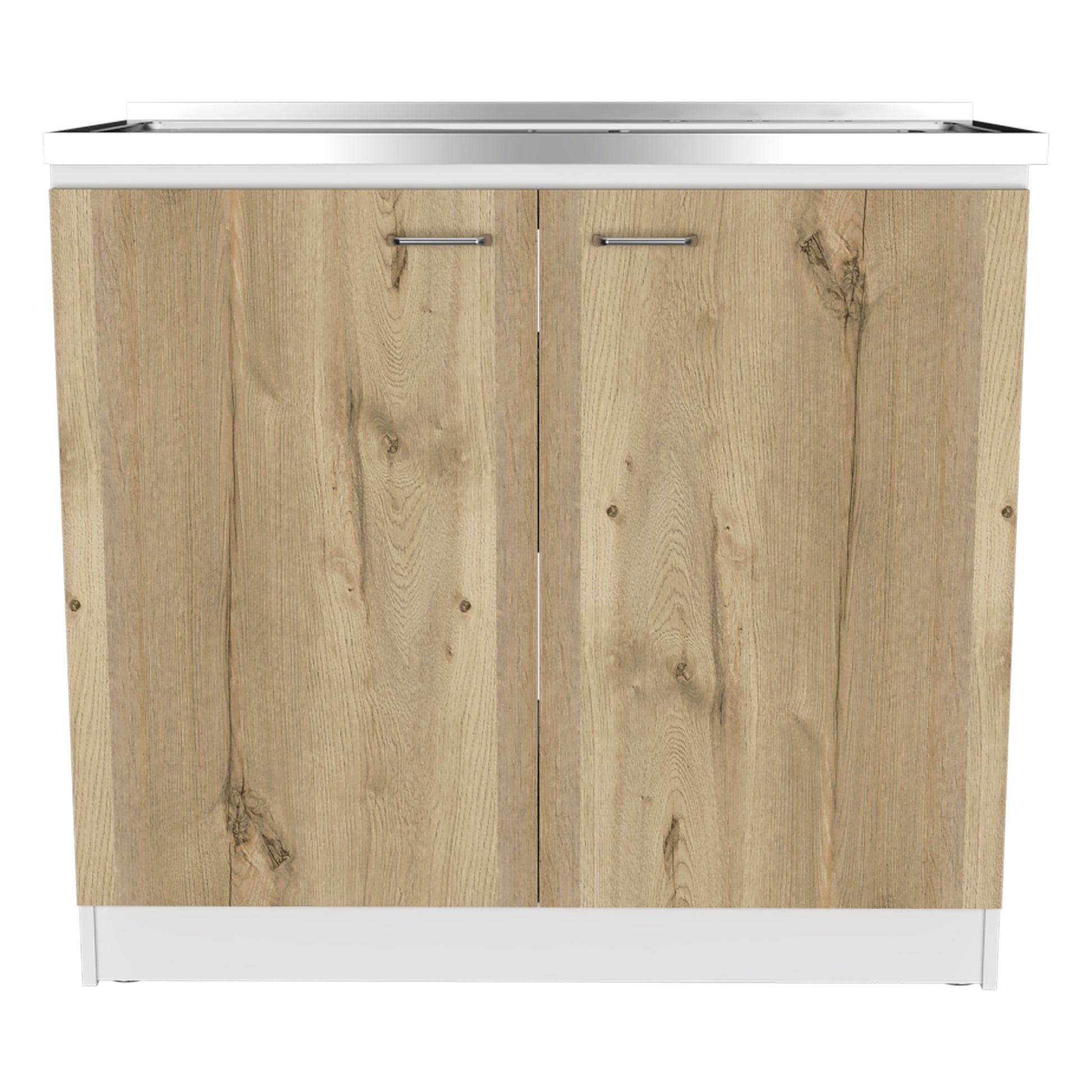 Wooden bathroom vanity with two doors and brushed nickel handles