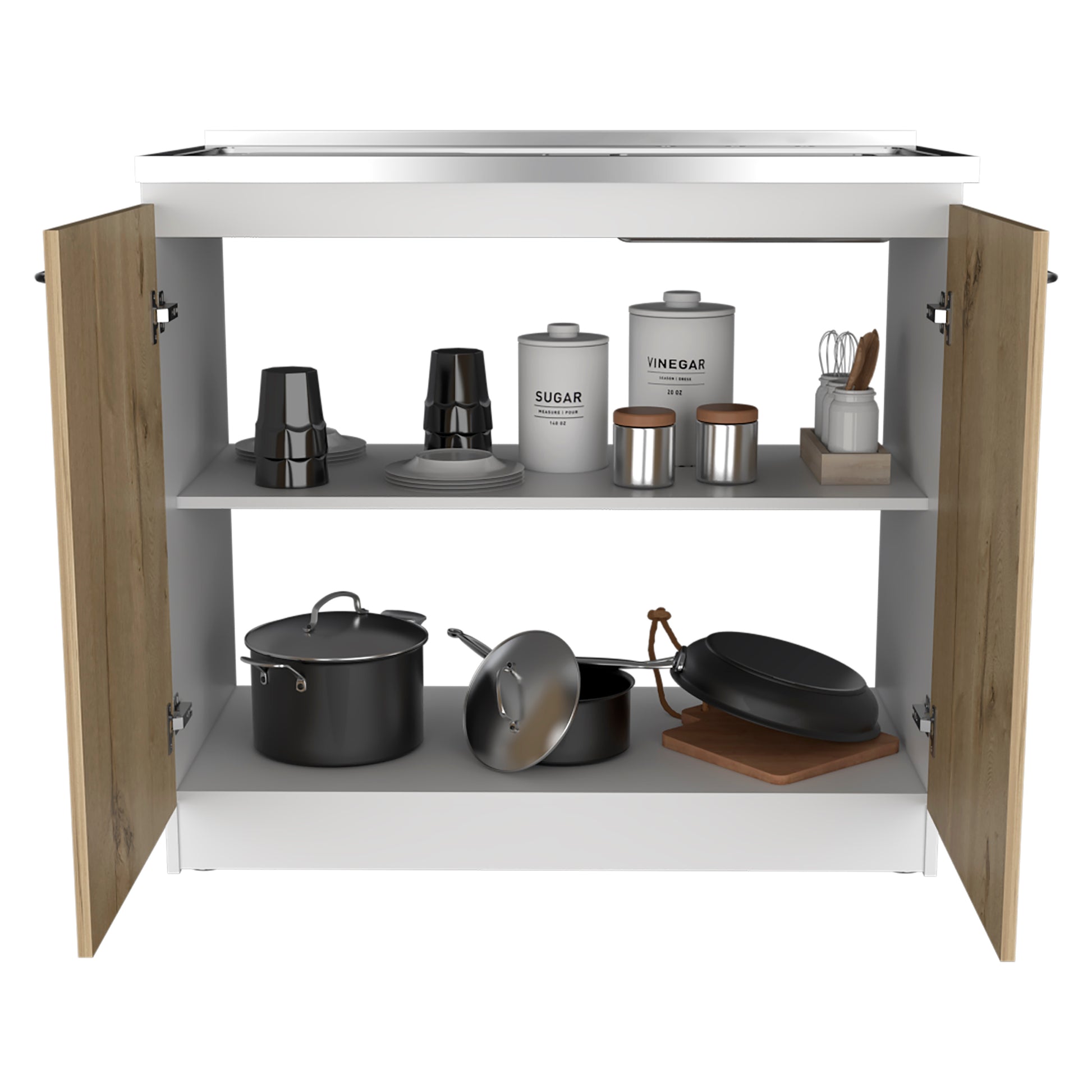 Modern kitchen cabinet with open doors showcasing cookware and storage canisters