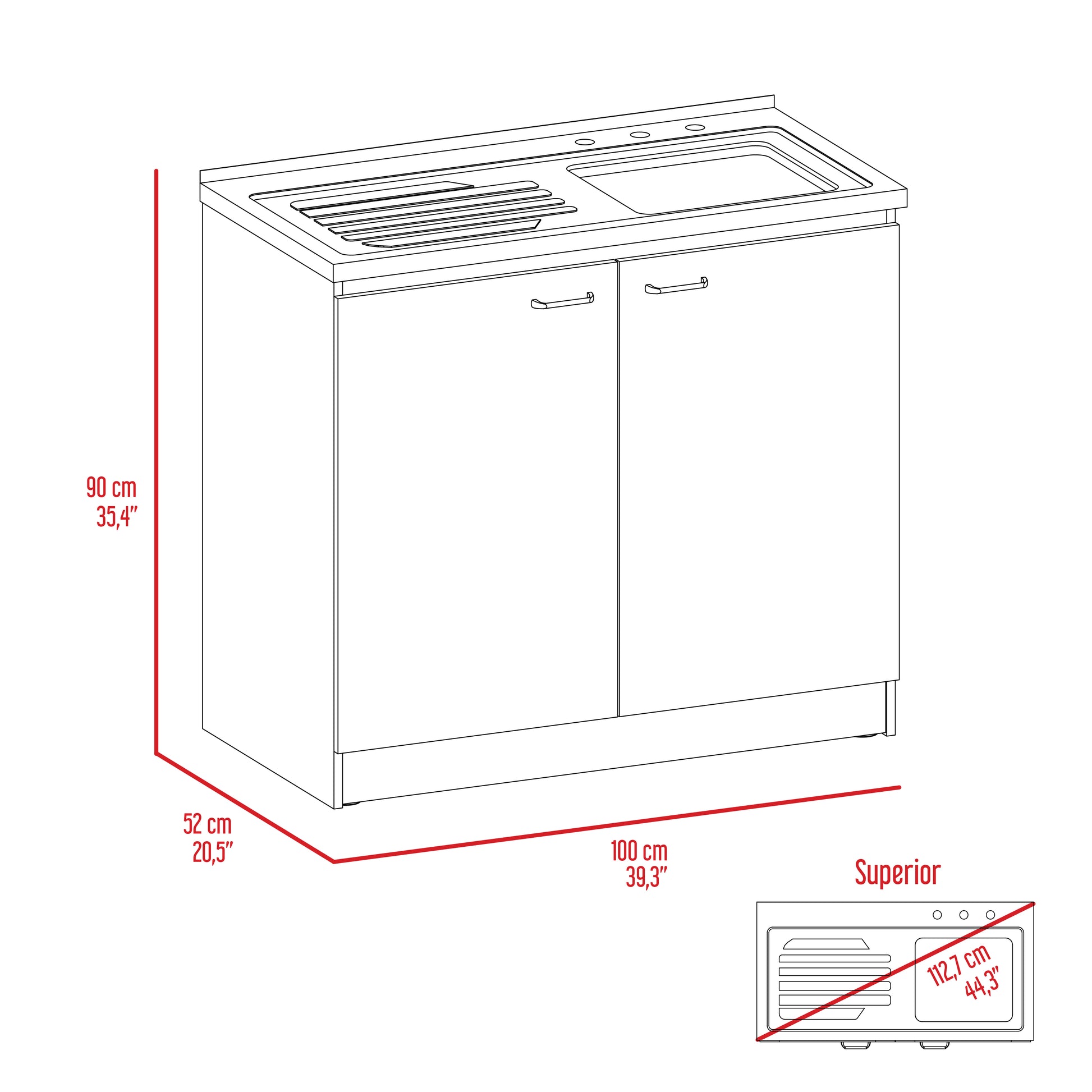 White kitchen base cabinet with double doors and integrated sink and drainer