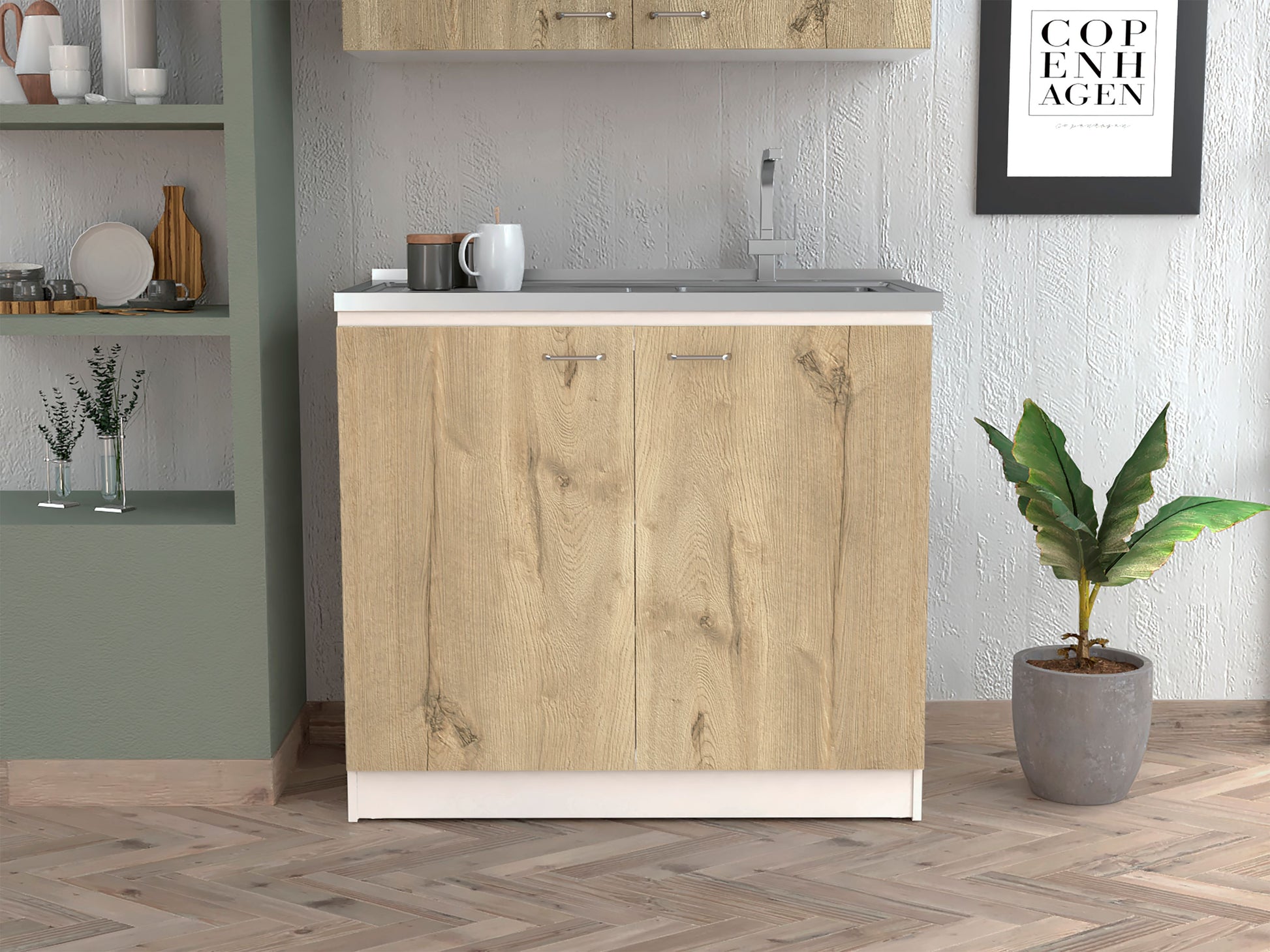 Light oak veneer kitchen base cabinet with silver handles and stainless steel sink