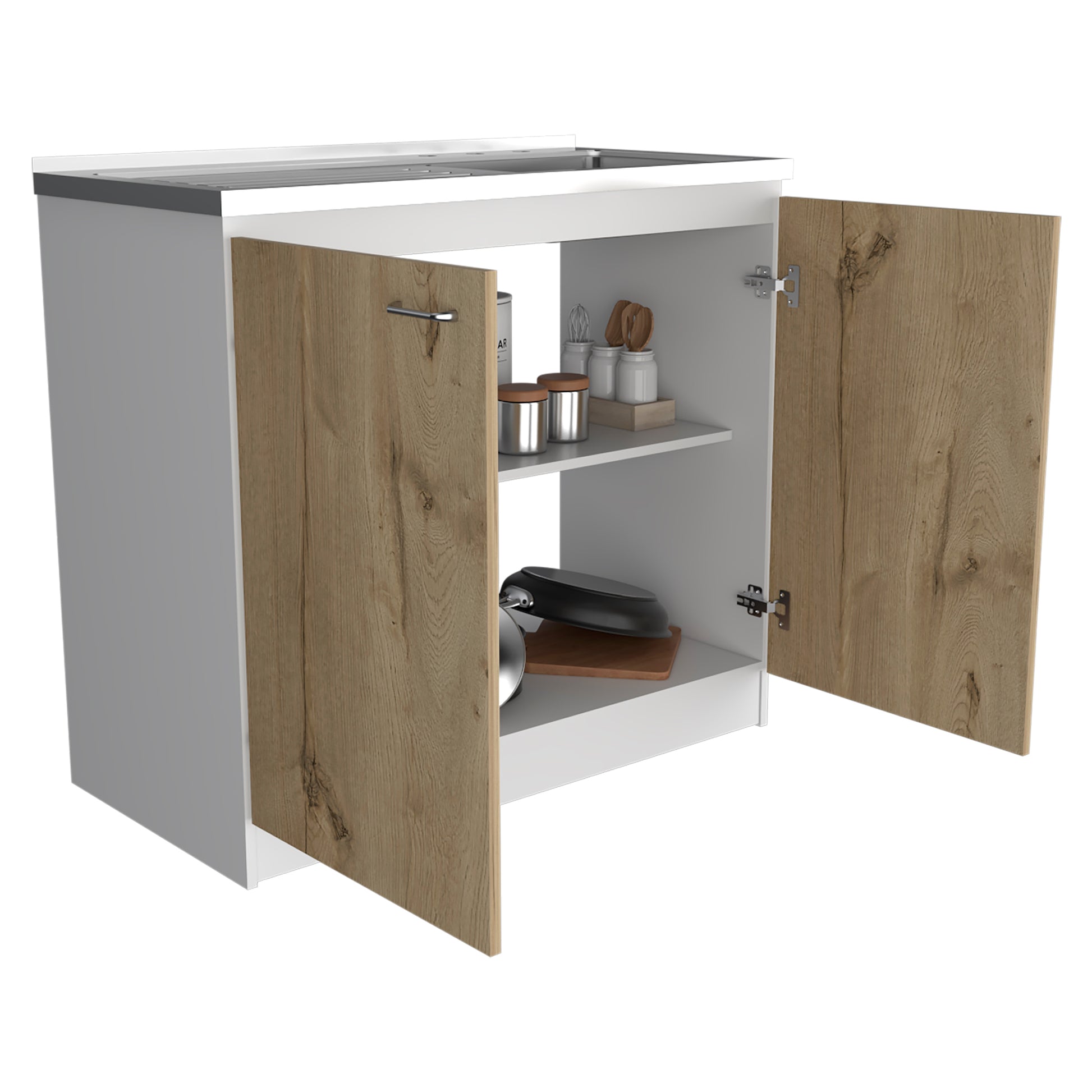 White base cabinet with light wood grain doors silver handle kitchen storage organization