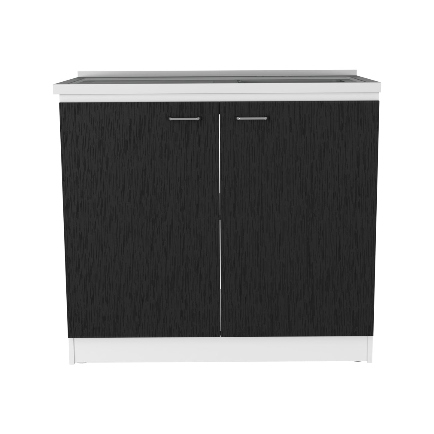 Sleek black twodoor cabinet with silver handles and a white countertop
