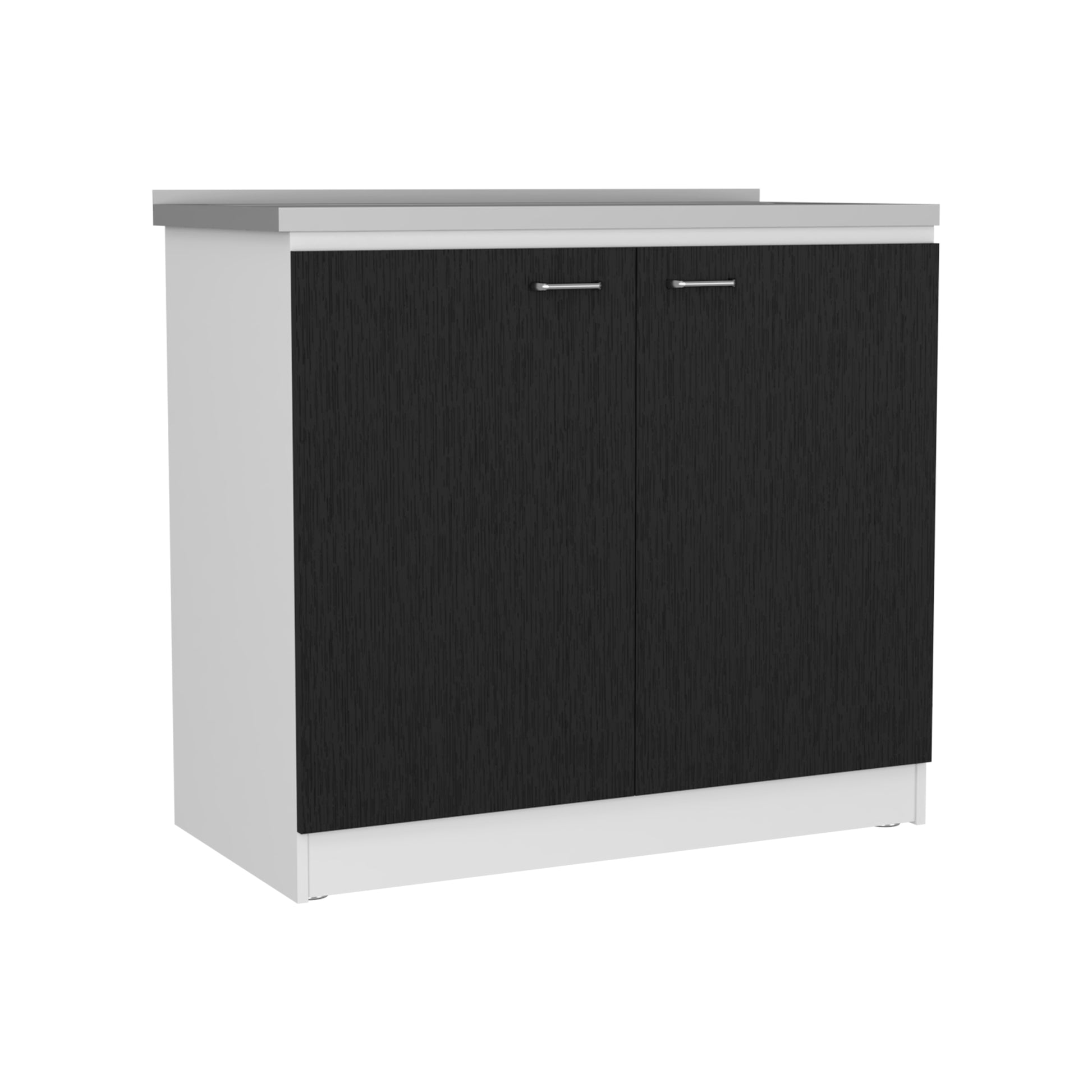 Modern white cabinet with dark wood grain doors and silver handles