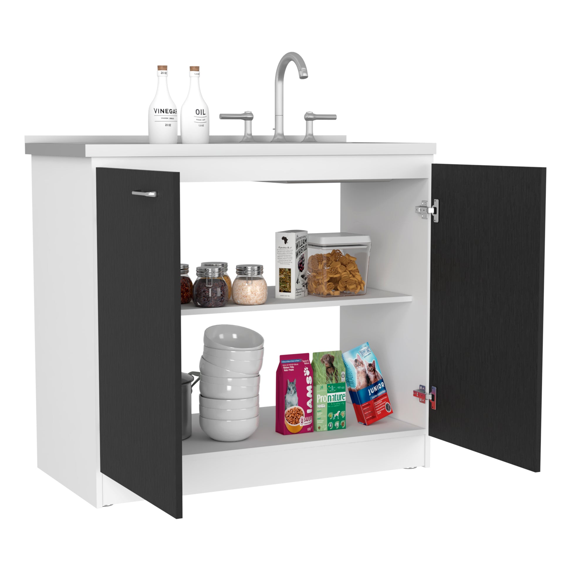 White kitchen vanity with black doors open showing bowls and pet food