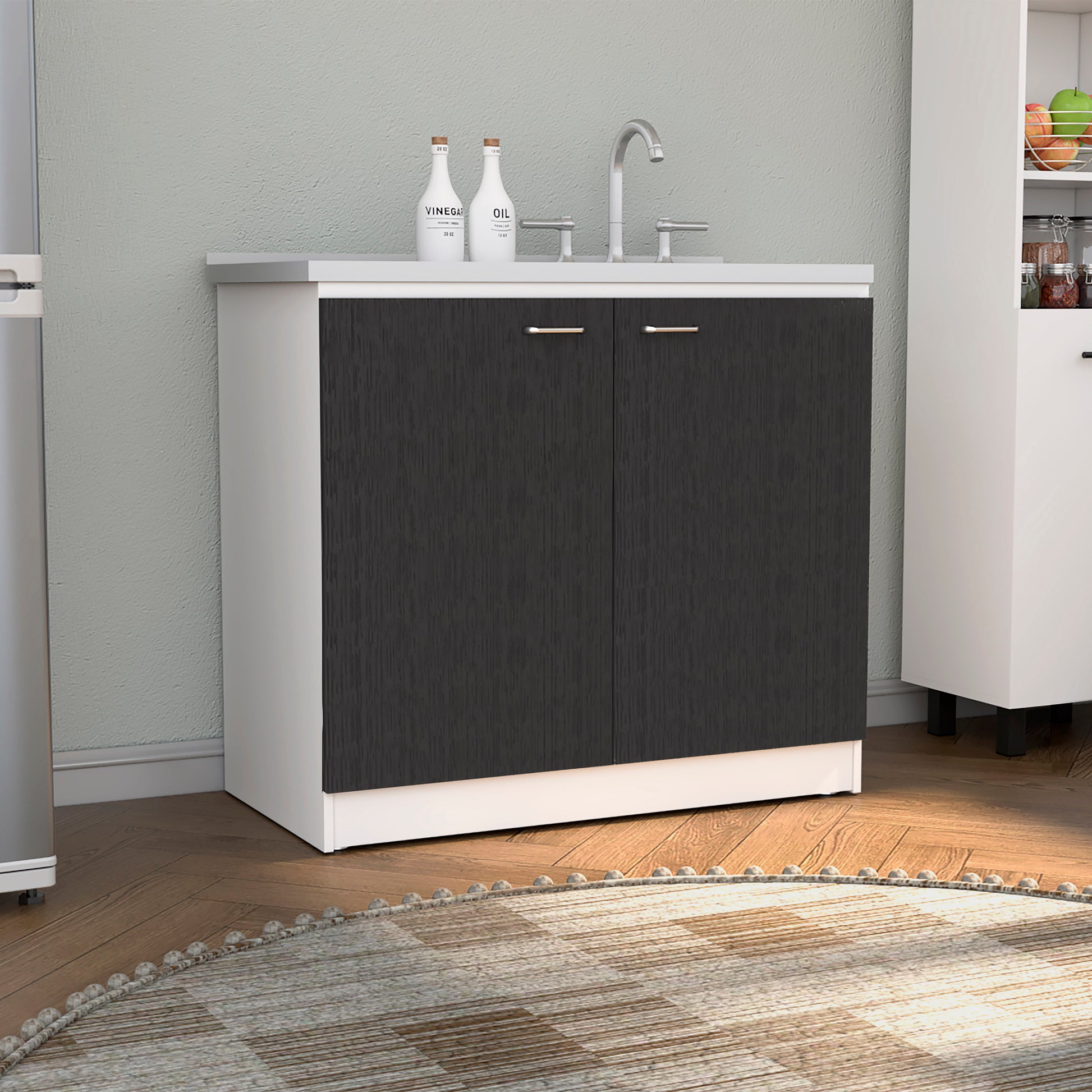 White and dark gray twodoor bathroom vanity with chrome handles and faucet