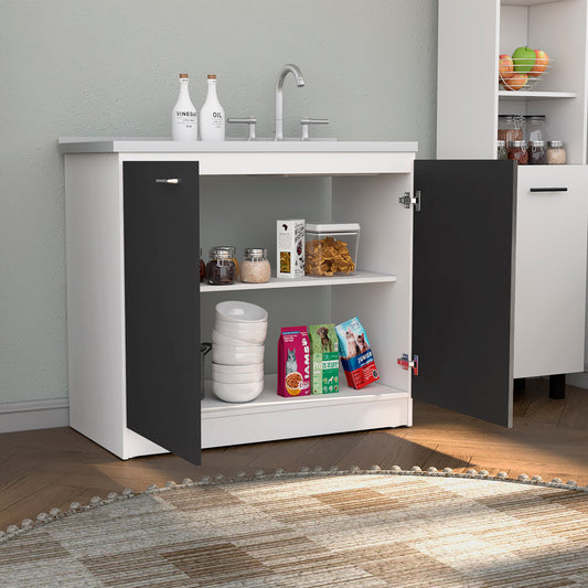 White cabinet with dark grey doors housing pet food and kitchenware