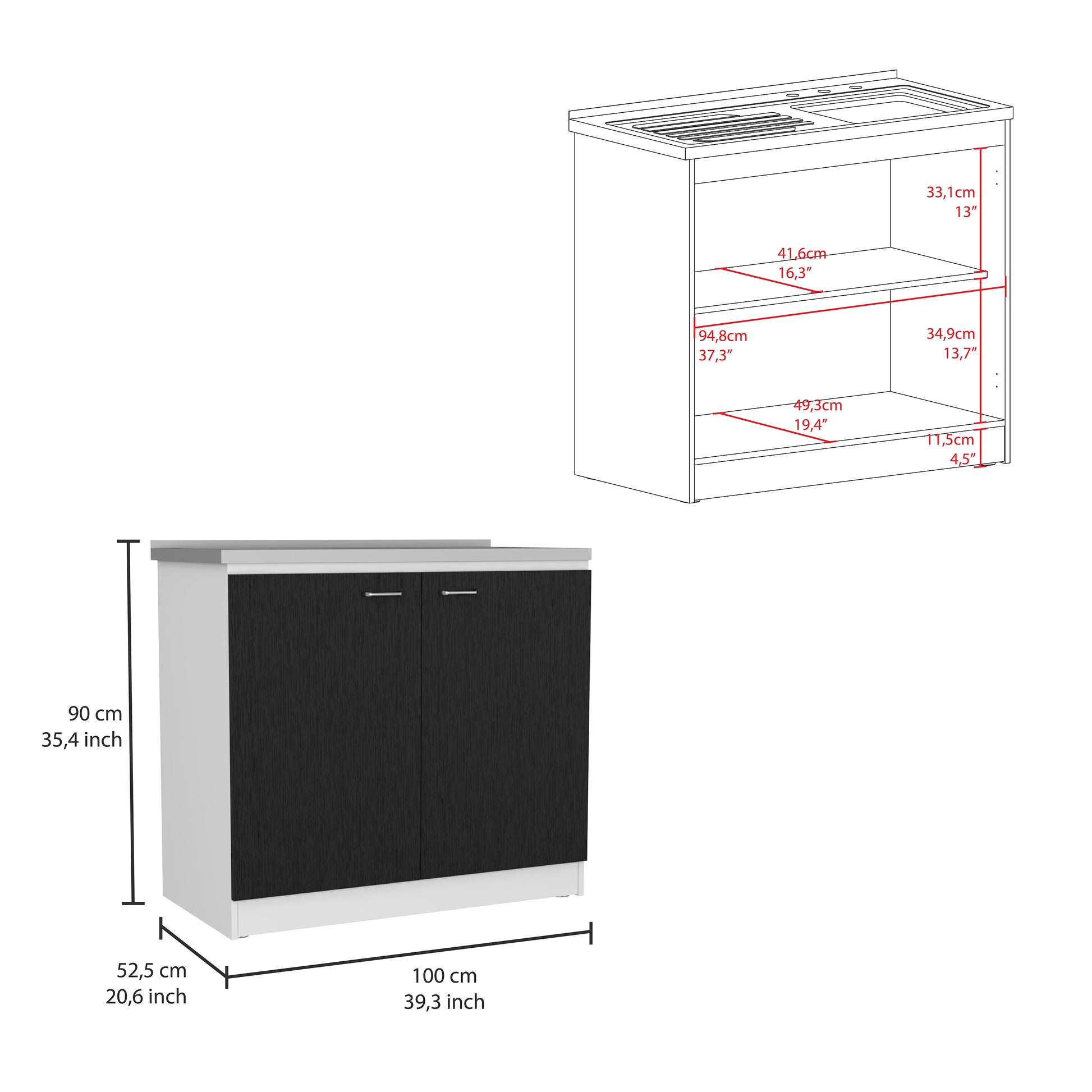 Black and white twodoor kitchen cabinet with silver handles cm width