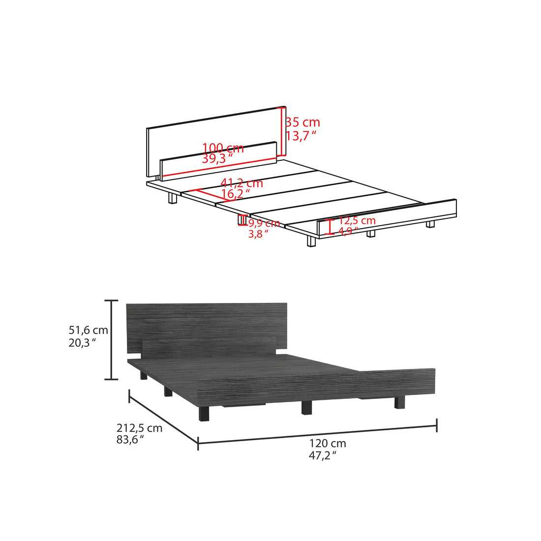 Gray wood platform bed frame with dimensions and side view