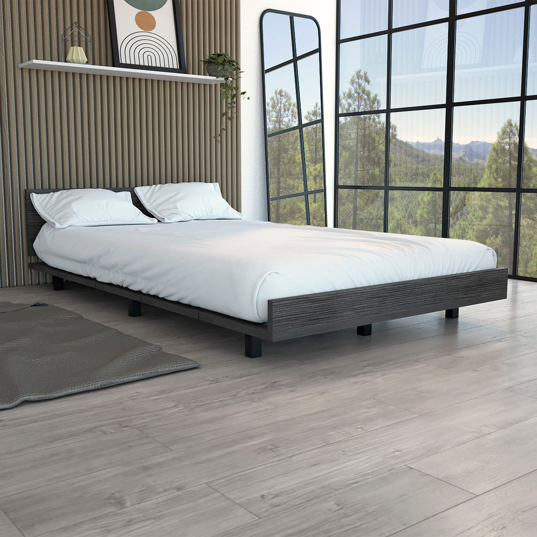 Minimalist dark wood platform bed with white linens ideal for modern bedrooms