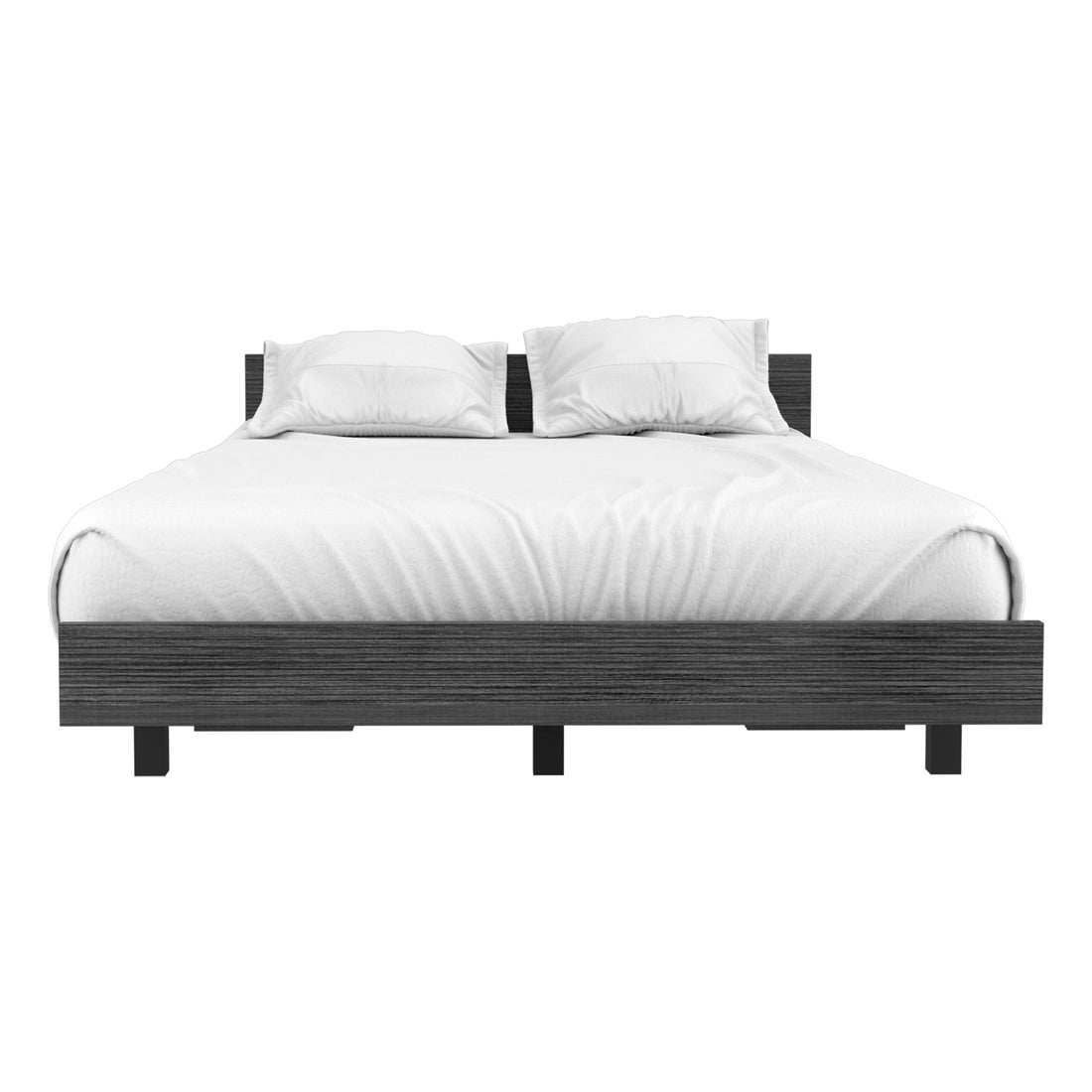 Modern platform bed with a dark wood grain frame and white linens