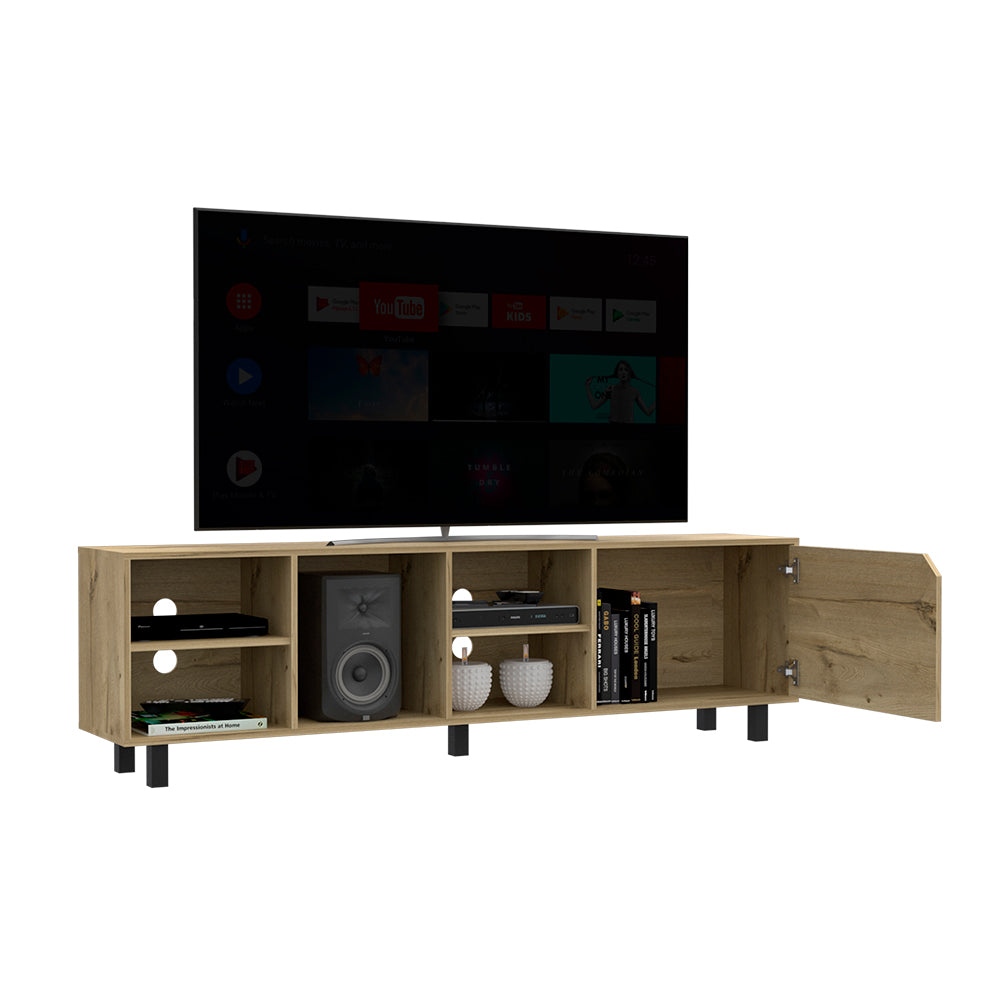 Modern oak effect media console with open shelves and one door housing a speaker and books