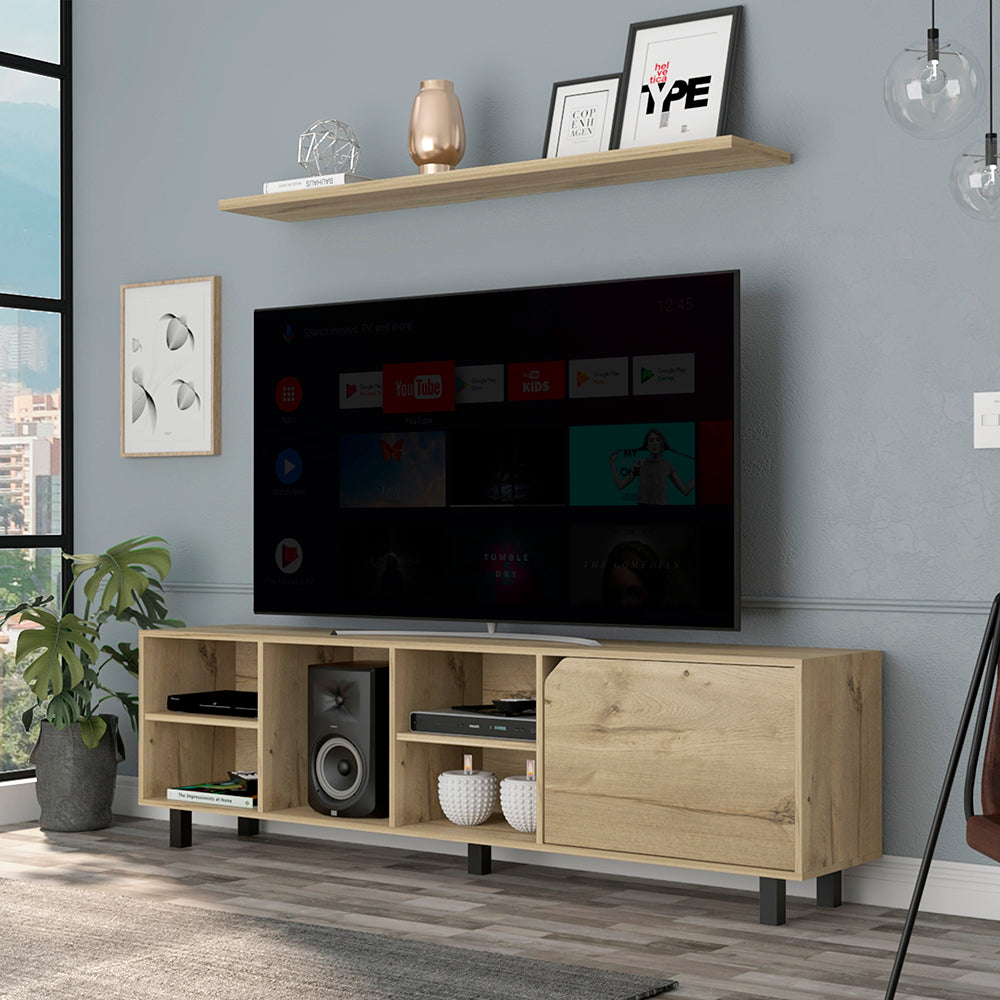 Modern oak entertainment center with open shelves and a cabinet door holding electronics