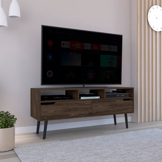 Dark wood TV stand with two drawers and open shelving featuring sleek black legs