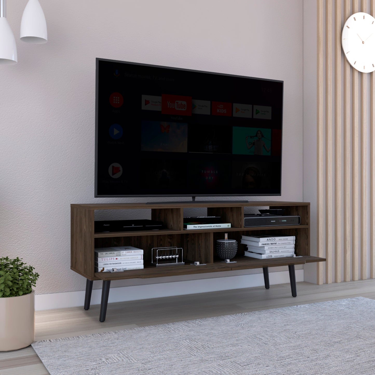 Modern dark wood TV stand with multiple shelves and minimalist black legs perfect for living rooms