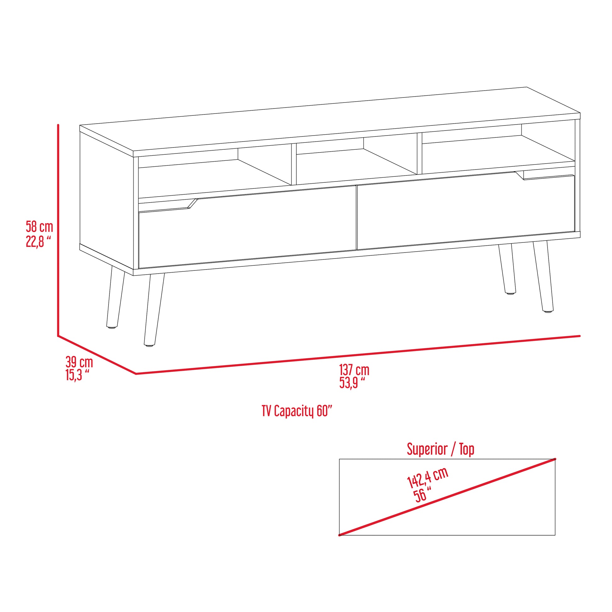 Line drawing of a midcentury modern TV stand with dimensions for height width and depth featuring two drawers and open shelving