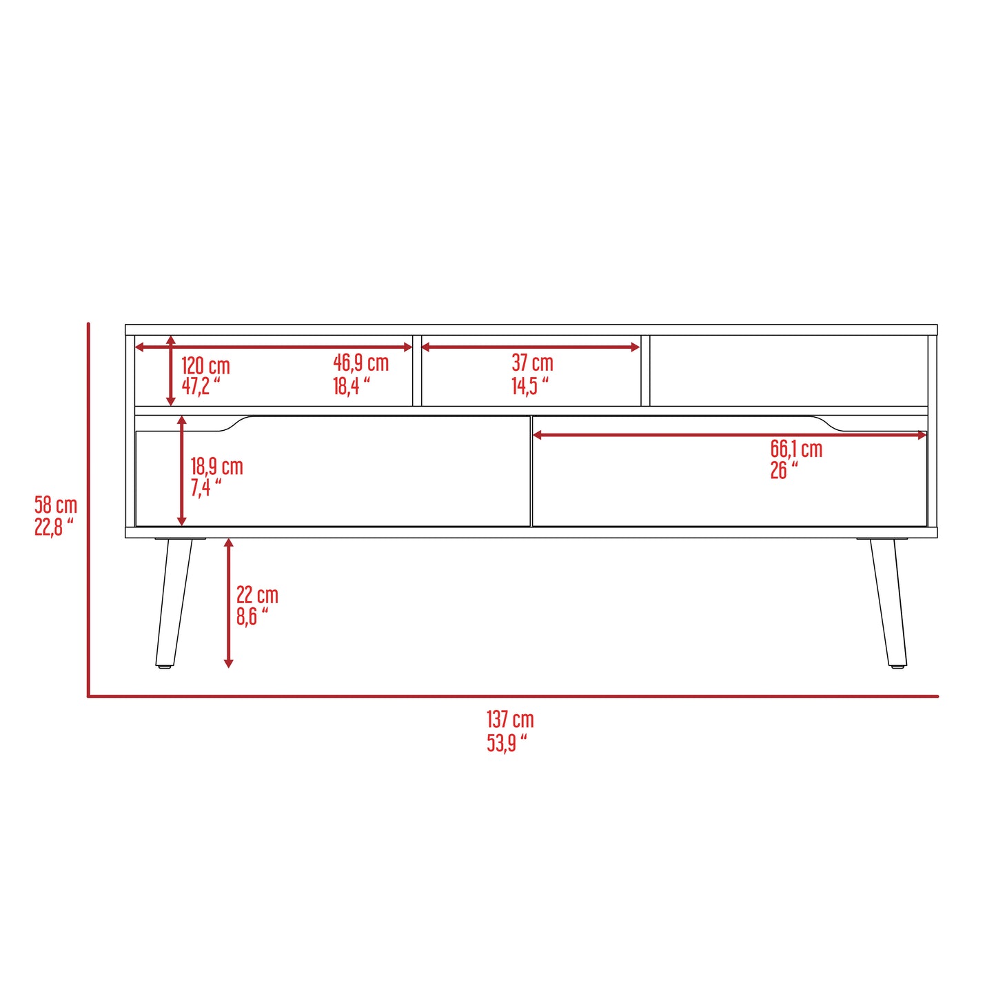 Diagram of a modern media console cm wide with dimensions annotated for storage