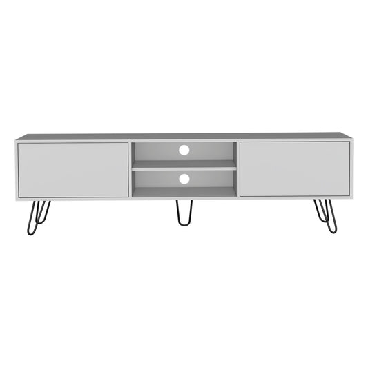 White modern TV stand with black hairpin legs and two shelves