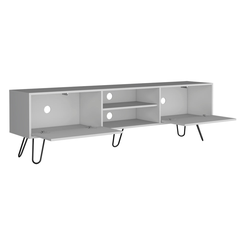 Modern white TV stand with hairpin legs and open storage compartments perfect for living rooms