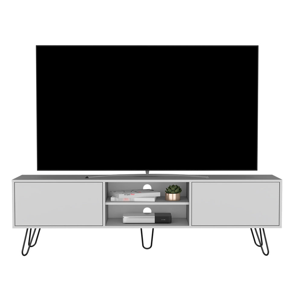 Modern white media console with black hairpin legs ideal for living rooms