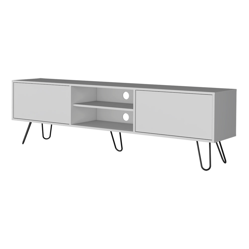 Modern white media console with two closed cabinets and open shelves