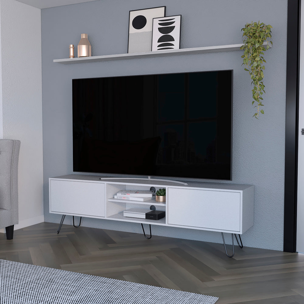 Modern white TV stand with hairpin legs featuring open shelves for media devices