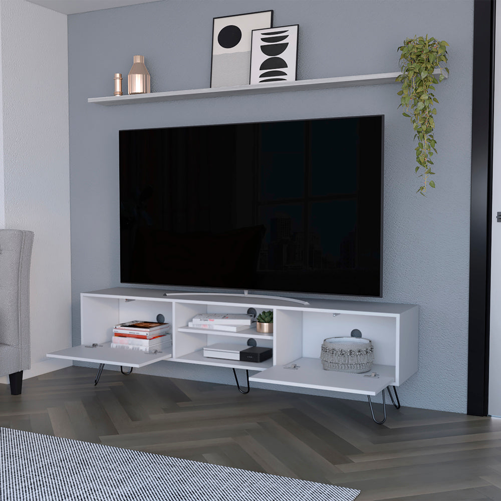 Modern white media console with open shelves and cabinet doors showcasing decor and electronics