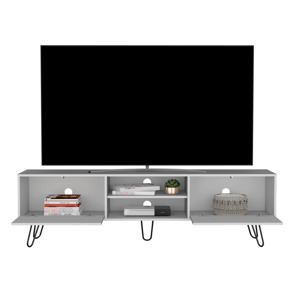 Modern grey entertainment center with open shelves for media storage