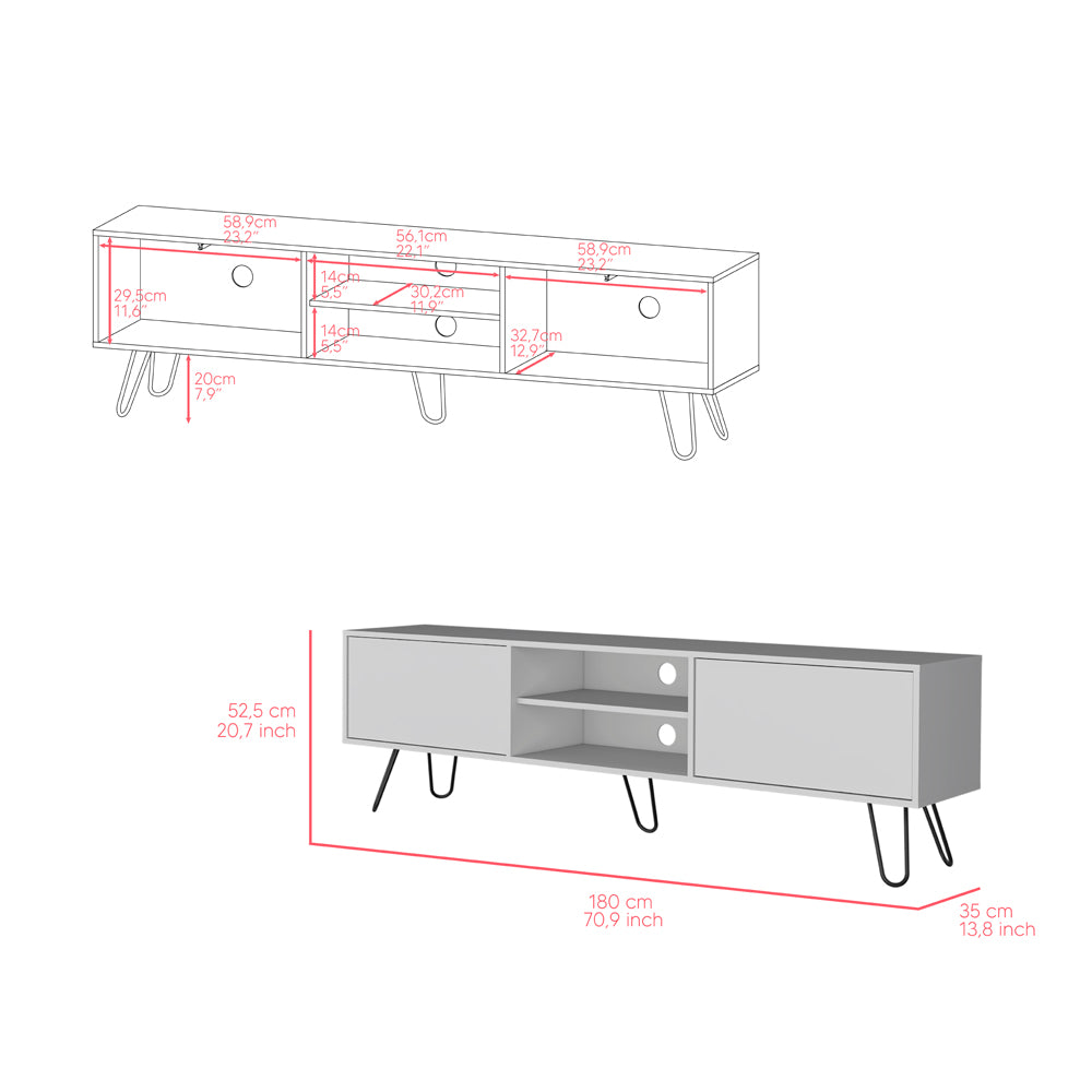 White modern media console with hairpin legs and open shelving