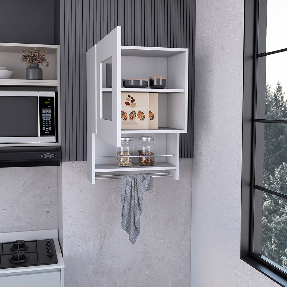White modern kitchen wall cabinet with glass door and towel bar