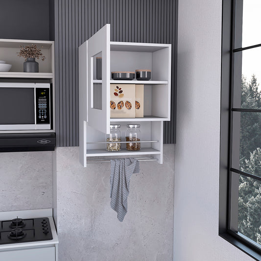 White modern kitchen wall cabinet with glass door and towel bar