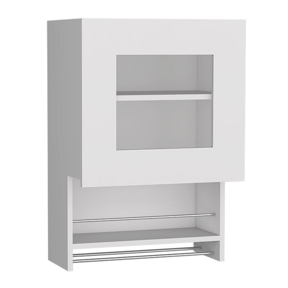 White wall cabinet with glass door and open lower shelf with towel bars