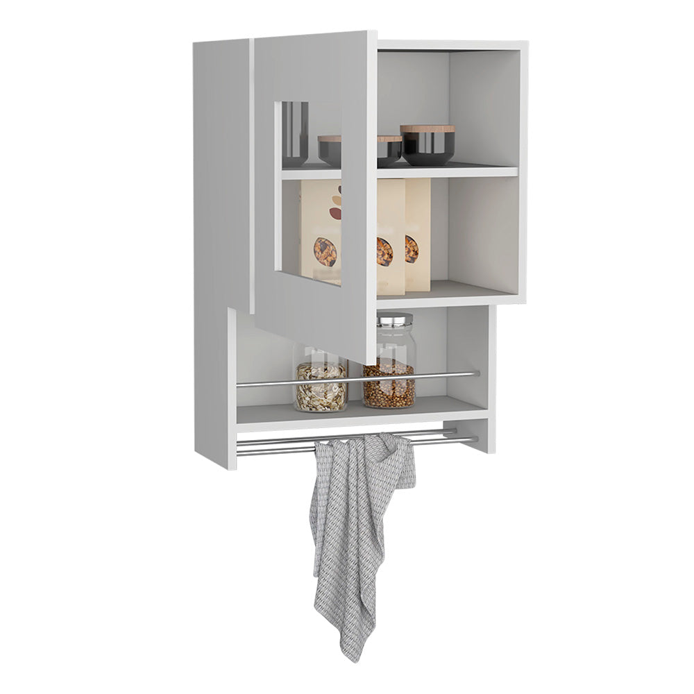Modern gray kitchen cabinet with glass door open shelves and towel bar