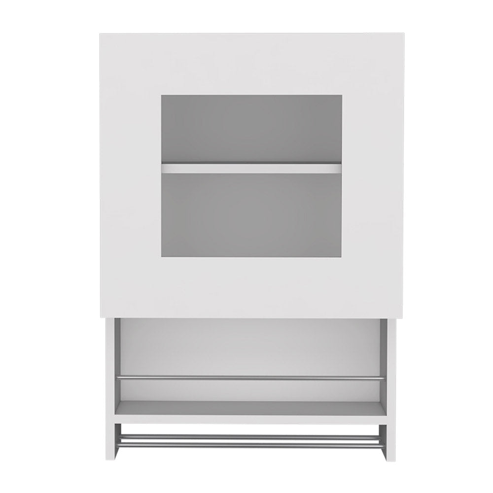 Modern white wallmounted cabinet with open shelving and towel bars
