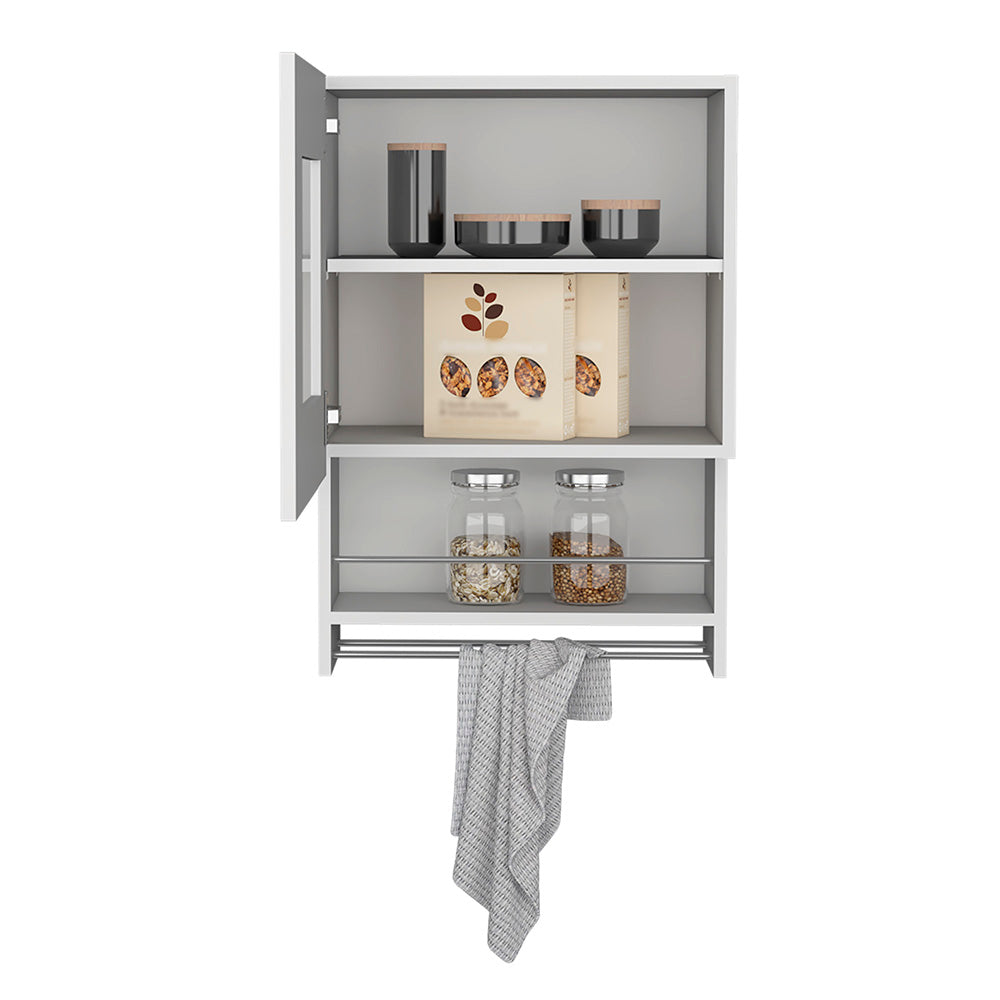 Modern grey kitchen cabinet with glass jars cereal boxes and storage canisters