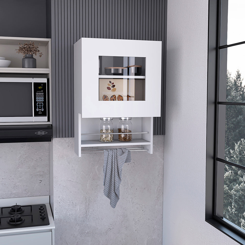 Modern white wall cabinet with glass door two shelves and towel bar