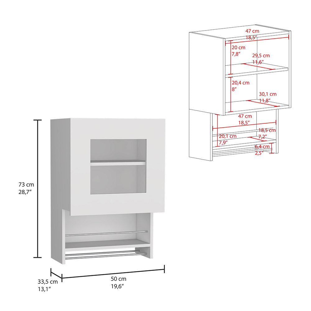 White kitchen wall cabinet with glass door and towel rack