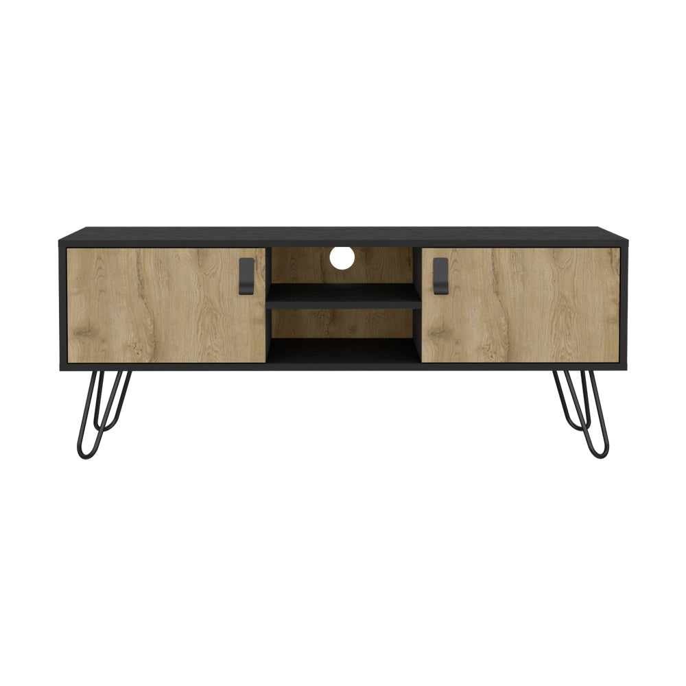 Modern black and oak wood TV stand with hairpin legs and two doors