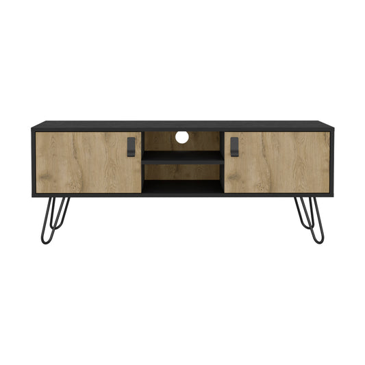 Modern black and oak wood TV stand with hairpin legs and two doors