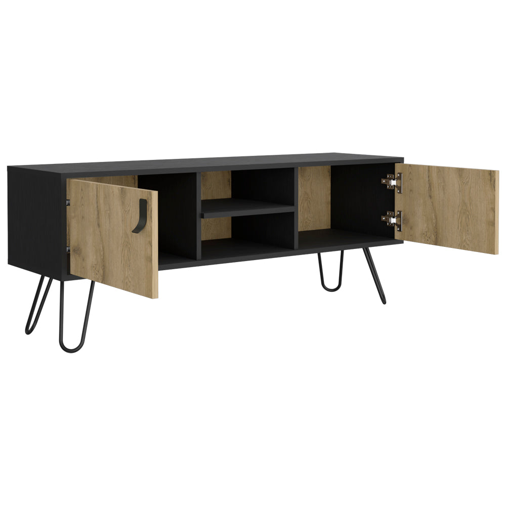 Black media console with natural wood doors on hairpin legs ideal for living rooms