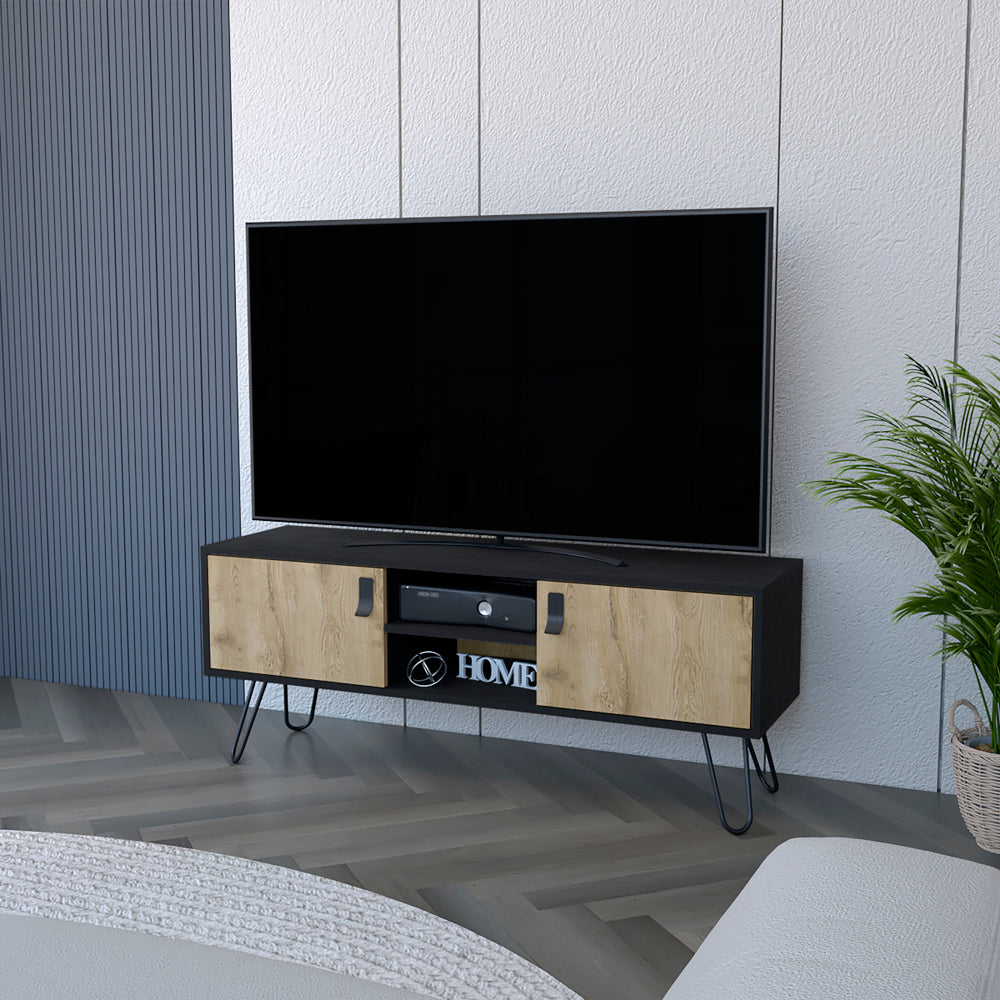 Modern black and wood TV stand with hairpin legs and open shelf